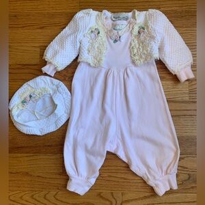 Vtg. Baby Beau & Belle Elegant Infant Wear Girl's 3 Pc Set Romper Jacket Hat 9M